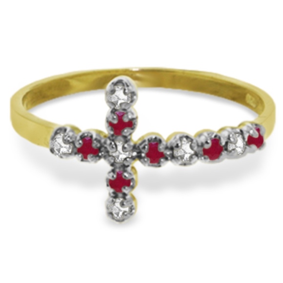 14K. SOLID GOLD CROSS RING WITH DIAMONDS & RUBIES